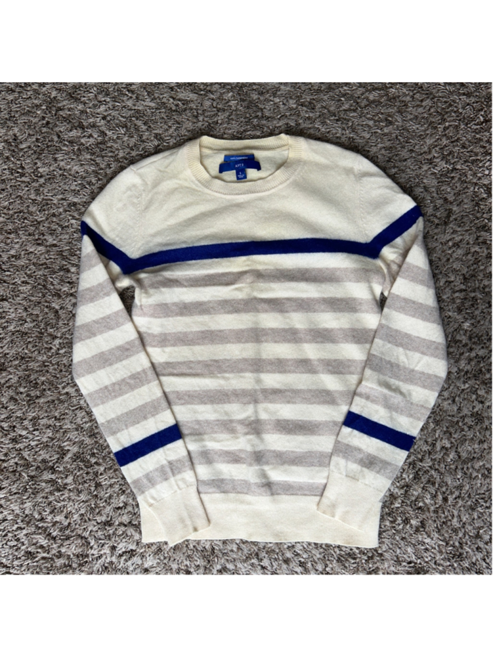 Women's APT. 9 Cream & Blue Striped Cashmere Crew Neck Sweater S
